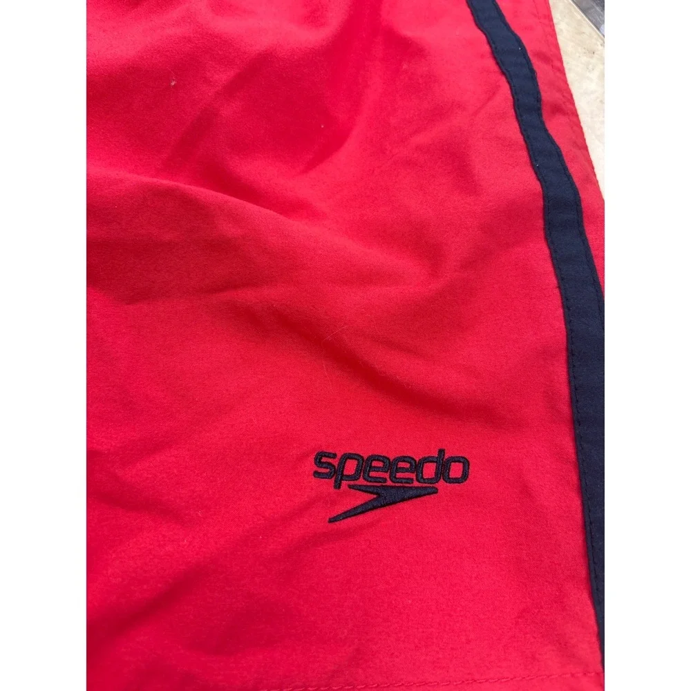 Speedo Mens Red Swim Trunks Mesh Lined Side Stripe Athletic Board Shorts Size L